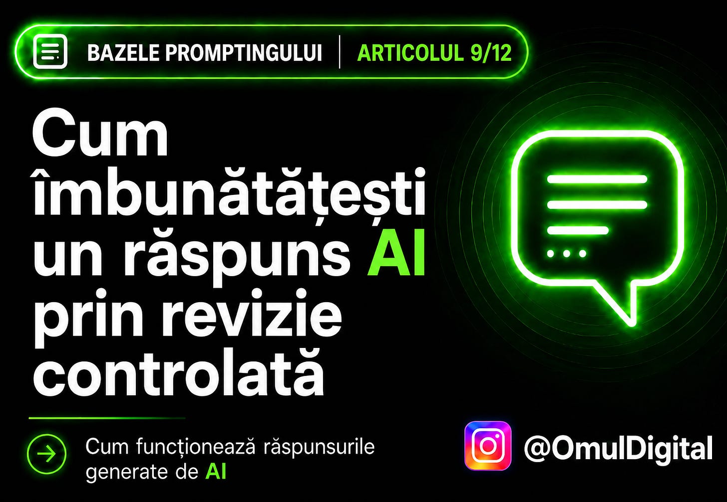 Cover pentru seria „Bazele promptingului” de la Omul Digital, cu titlul articolului, icon de chat și design mov dedicat materialelor despre prompt engineering. Cover pentru seria „Bazele promptingului” de la Omul Digital, cu titlul articolului, icon de chat și design mov dedicat materialelor despre prompt engineering.