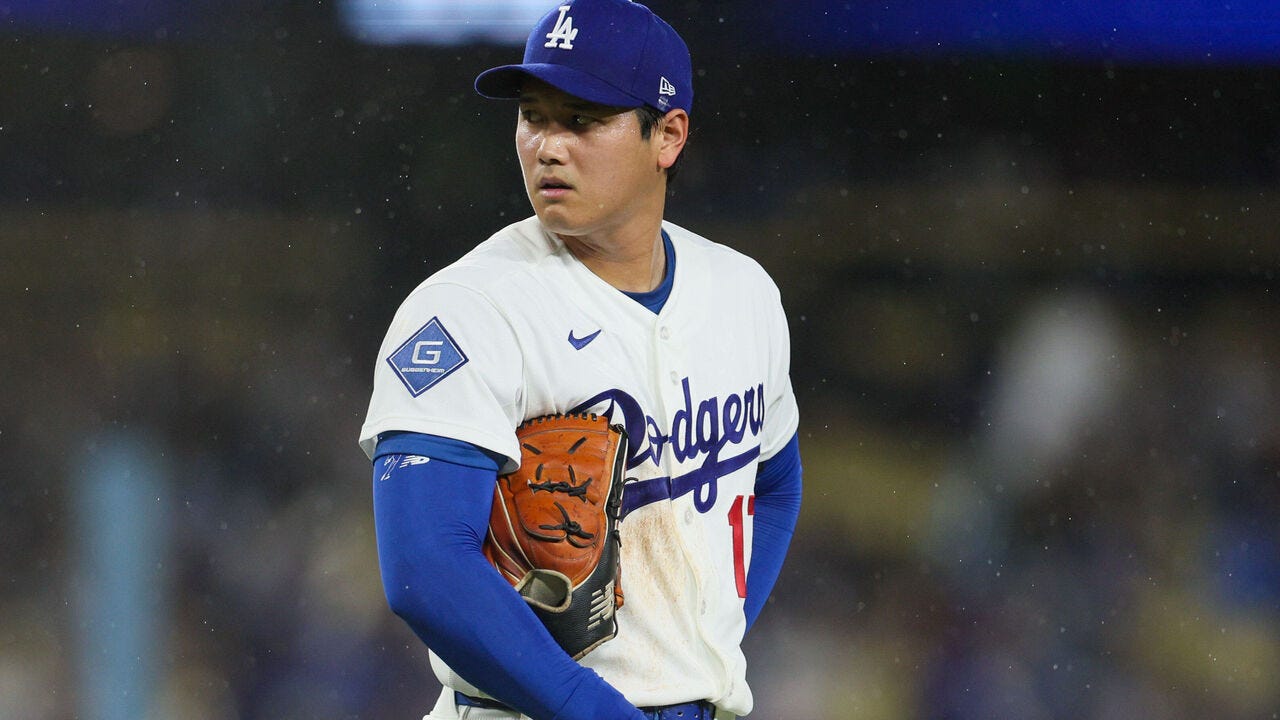 Los Angeles, CA - March 31: Los Angeles Dodgers pitcher Shohei Ohtani (17) in between pitches during the fifth inning of a MLB game against the Cleveland Guardians at Dodger Stadium on Tuesday, March 31, 2026 in Los Angeles, CA.