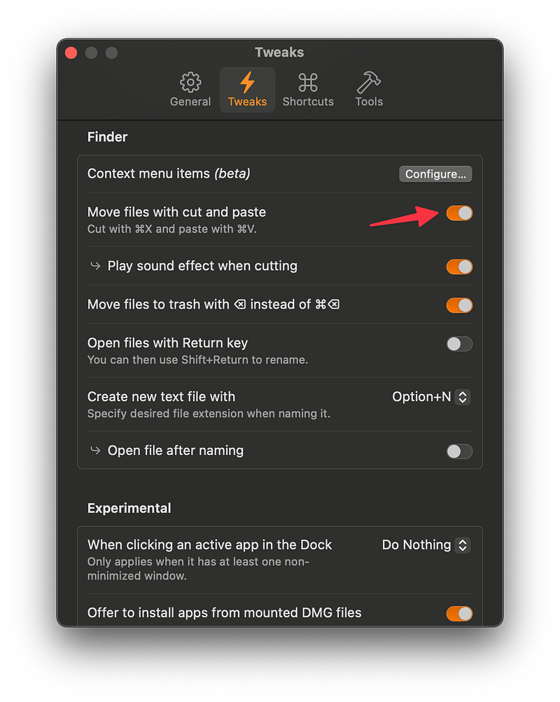 Supercharge macOS app settings with a red arrow pointing to cut and paste files setting