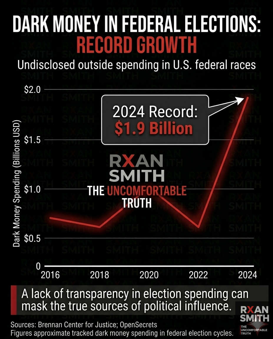 Editorial line graph showing dark money spending in federal elections from 2016 to 2024, with the highest spike reaching approximately $1.9 billion in 2024.