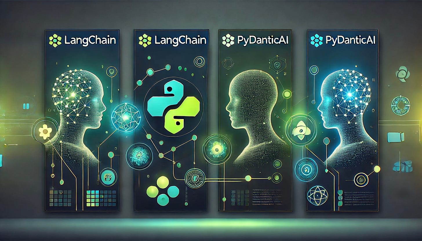 A banner featuring LangChain and PydanticAI side by side. Human-like heads with glowing neural network patterns are displayed on either side, connected through abstract digital nodes, glowing orbs, and circuit-like lines. The design conveys themes of AI collaboration, innovation, and technological intelligence. A banner featuring LangChain and PydanticAI side by side. Human-like heads with glowing neural network patterns are displayed on either side, connected through abstract digital nodes, glowing orbs, and circuit-like lines. The design conveys themes of AI collaboration, innovation, and technological intelligence.