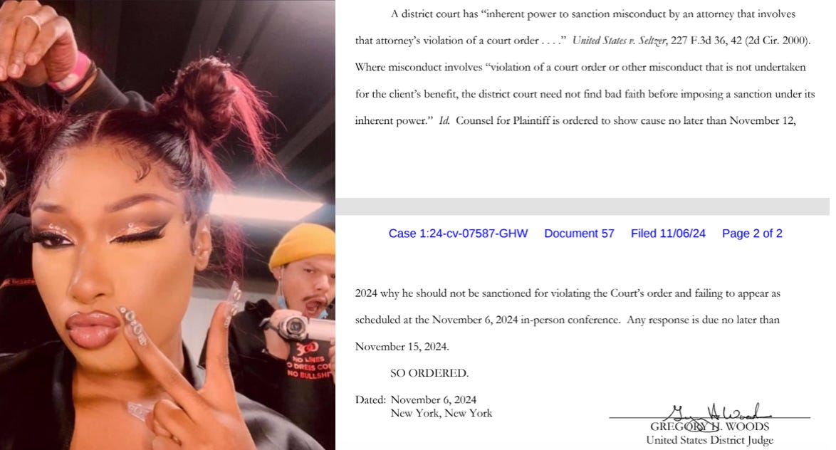 Lawyer suing Megan Thee Stallion tries to avoid sanctions for missing court