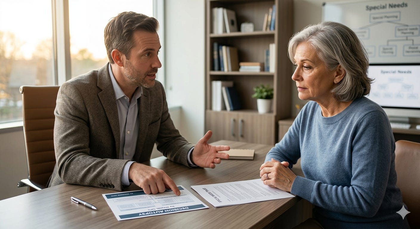 A financial advisor in a suit sitting across from an older woman at a desk, engaged in a serious discussion. The advisor is gesturing with his hands while pointing to a document titled "Decision Autopsy" on the table. A whiteboard with a flowchart labeled "Special Needs" is visible in the background. A financial advisor in a suit sitting across from an older woman at a desk, engaged in a serious discussion. The advisor is gesturing with his hands while pointing to a document titled "Decision Autopsy" on the table. A whiteboard with a flowchart labeled "Special Needs" is visible in the background.