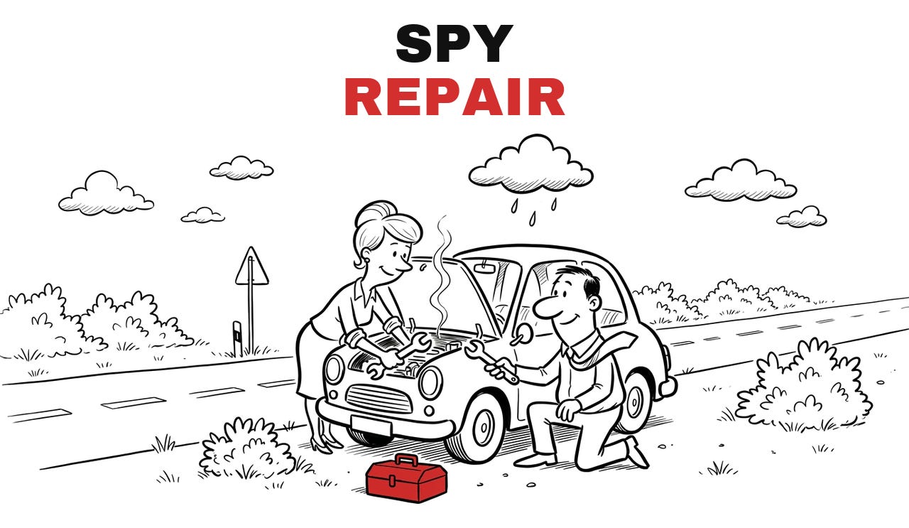Trade Repair SPY, Repair. Hand-drawn cartoon: the two of them repair a small car at the roadside under a rain cloud, a toolbox beside it. Trade Repair SPY, Repair. Hand-drawn cartoon: the two of them repair a small car at the roadside under a rain cloud, a toolbox beside it.