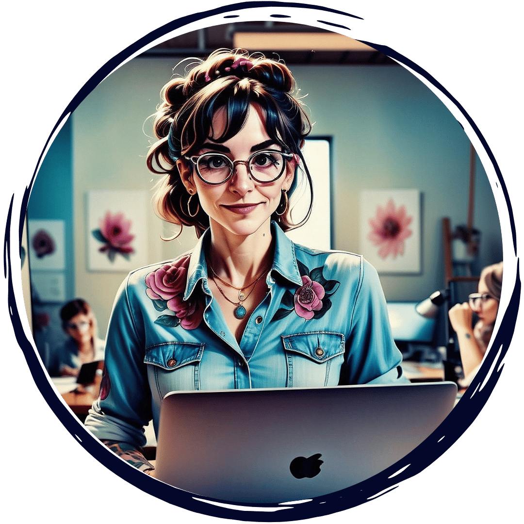 A digital illustration of a young woman standing in an office or studio environment, holding a laptop with an Apple logo. She has a warm and confident smile, wearing large round glasses and a denim shirt with embroidered flowers on the shoulders. Her wavy brown hair is styled with a headband, and she is accessorized with hoop earrings and layered necklaces. The background features colleagues working and floral artwork on the walls, creating a creative and professional atmosphere. The artwork is enclosed in a circular frame with a bold dark blue border.