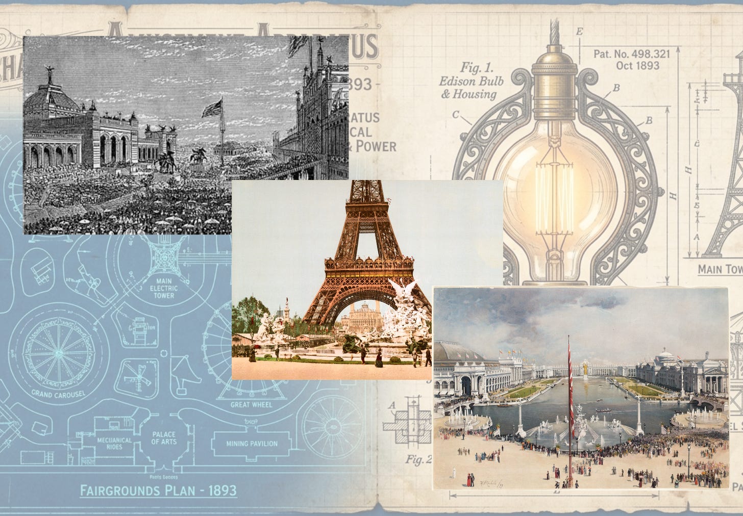 Pictures of three world fairs on a plan of inventions. Pictures of three world fairs on a plan of inventions.