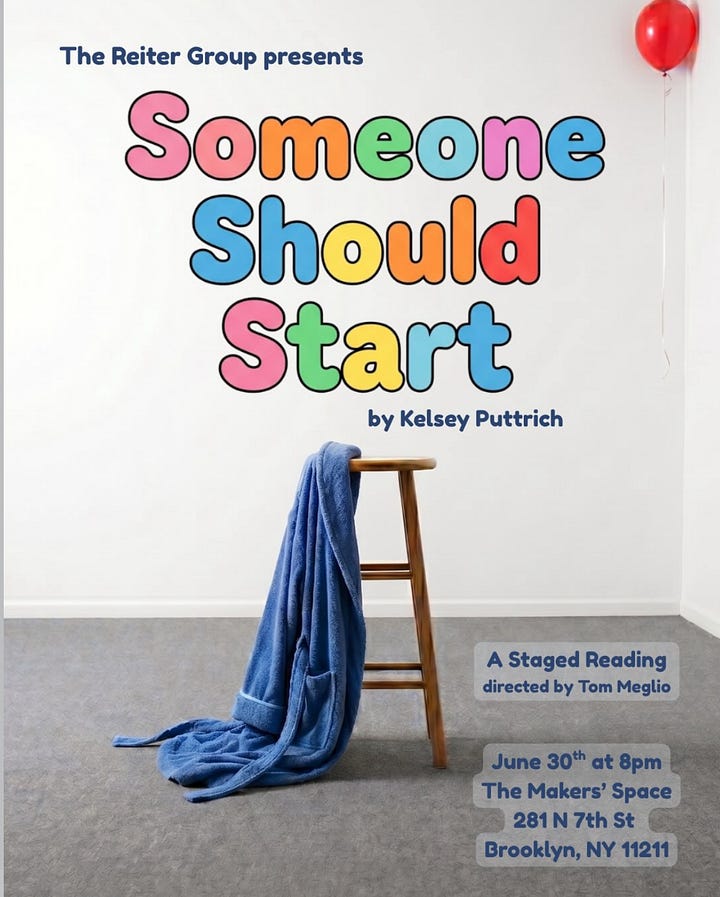 Left: Poster for "Someone Should Start" play reading with a blue robe hanging off a stool. Right: Actor Maggie Metnick wearing glasses during the reading.