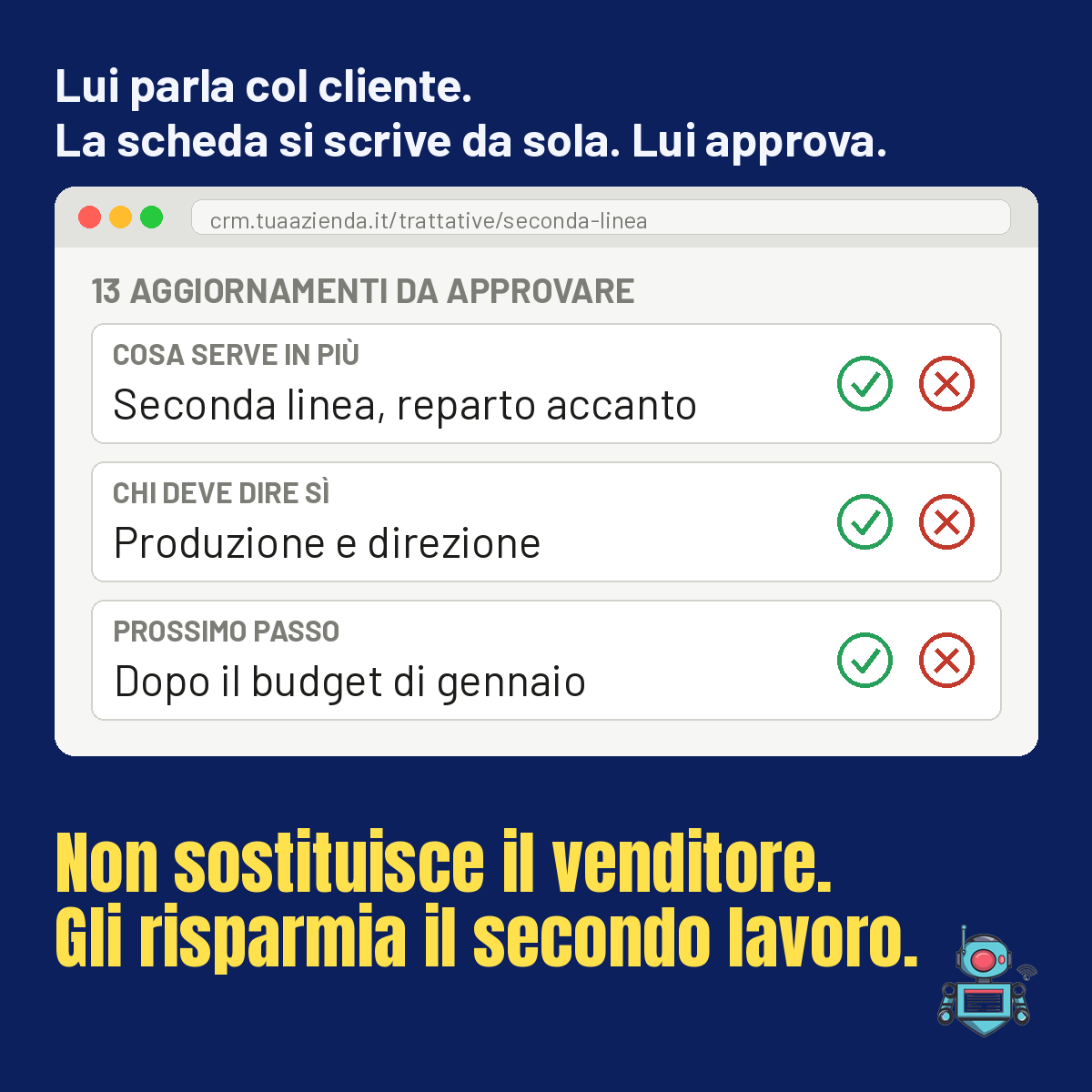 Scheda trattativa con 13 aggiornamenti proposti dall'AI da approvare uno per uno: cosa serve, chi decide, prossimo passo