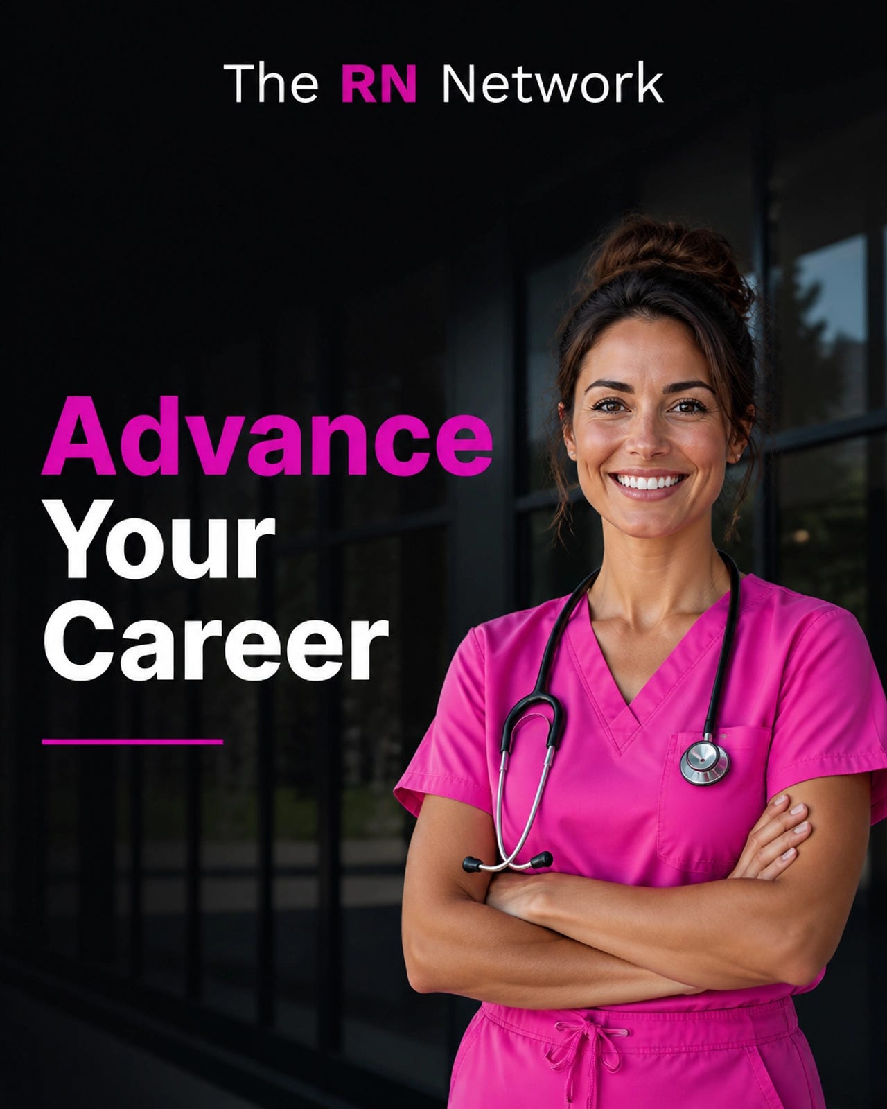A happy nurse in pink scrubs smiling in a modern healthcare setting, representing career success