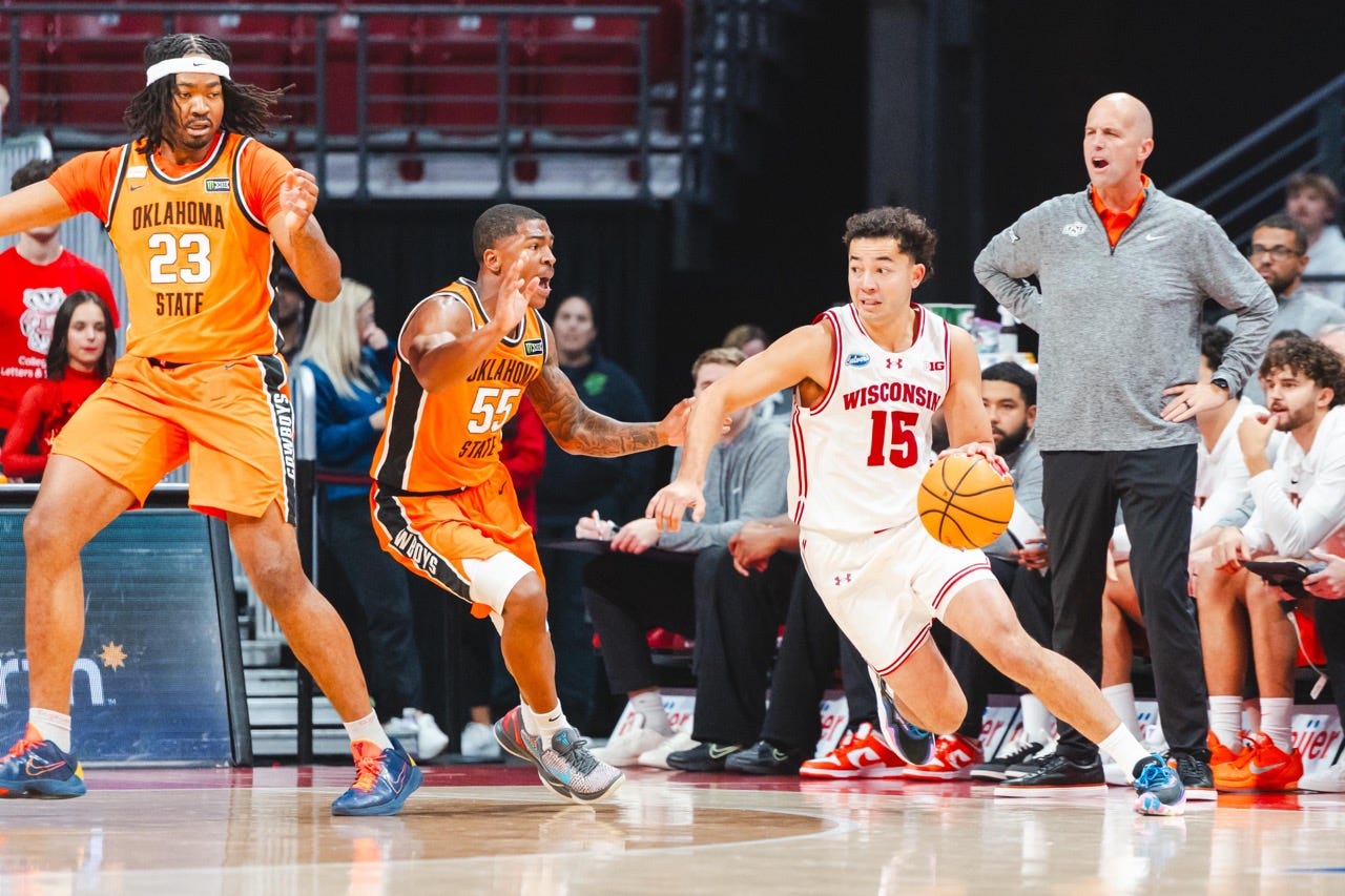 Wisconsin guard Owen Foxwell (15) dribbles past an Oklahoma State defender during an exhibition basketball game at the Kohl Center. Wisconsin guard Owen Foxwell (15) dribbles past an Oklahoma State defender during an exhibition basketball game at the Kohl Center.