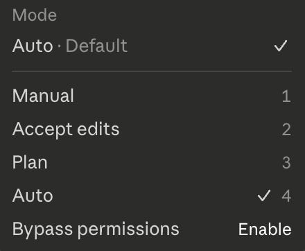 Claude Code permission modes menu with Auto, Plan, and bypass permissions options