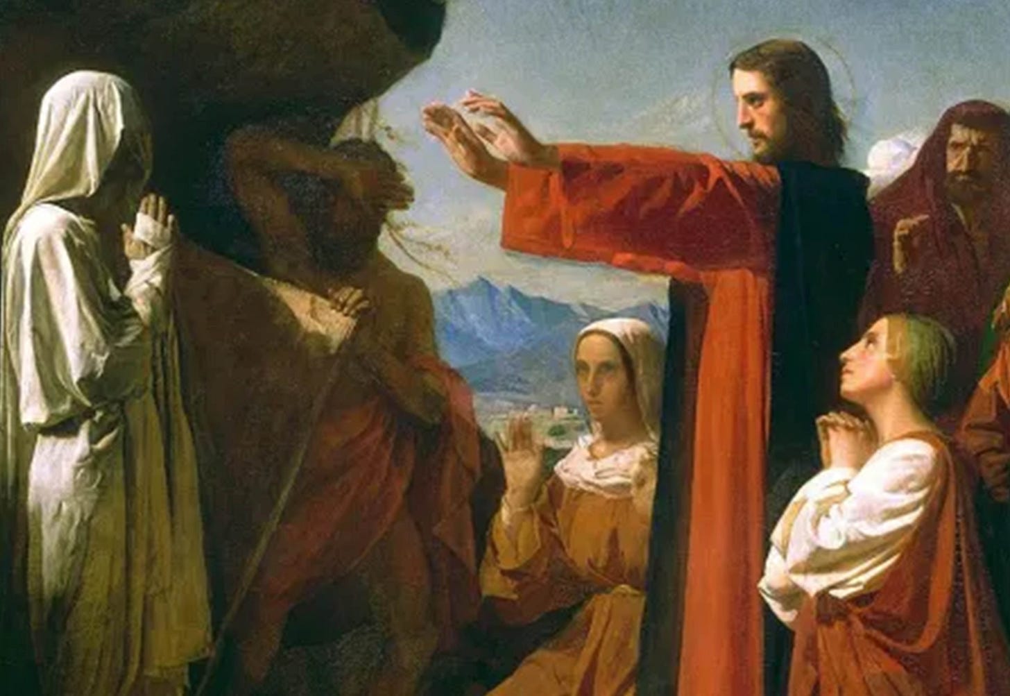 Painting of Jesus holding up arms for Lazarus