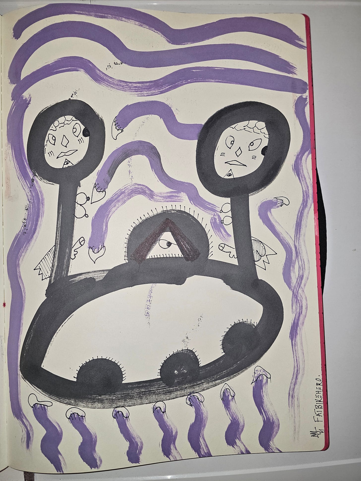 **Alt Text:**  Hand-drawn UFO with two alien figures discussing DNA and artificial intelligence, rendered in crude ink and purple brushstrokes.