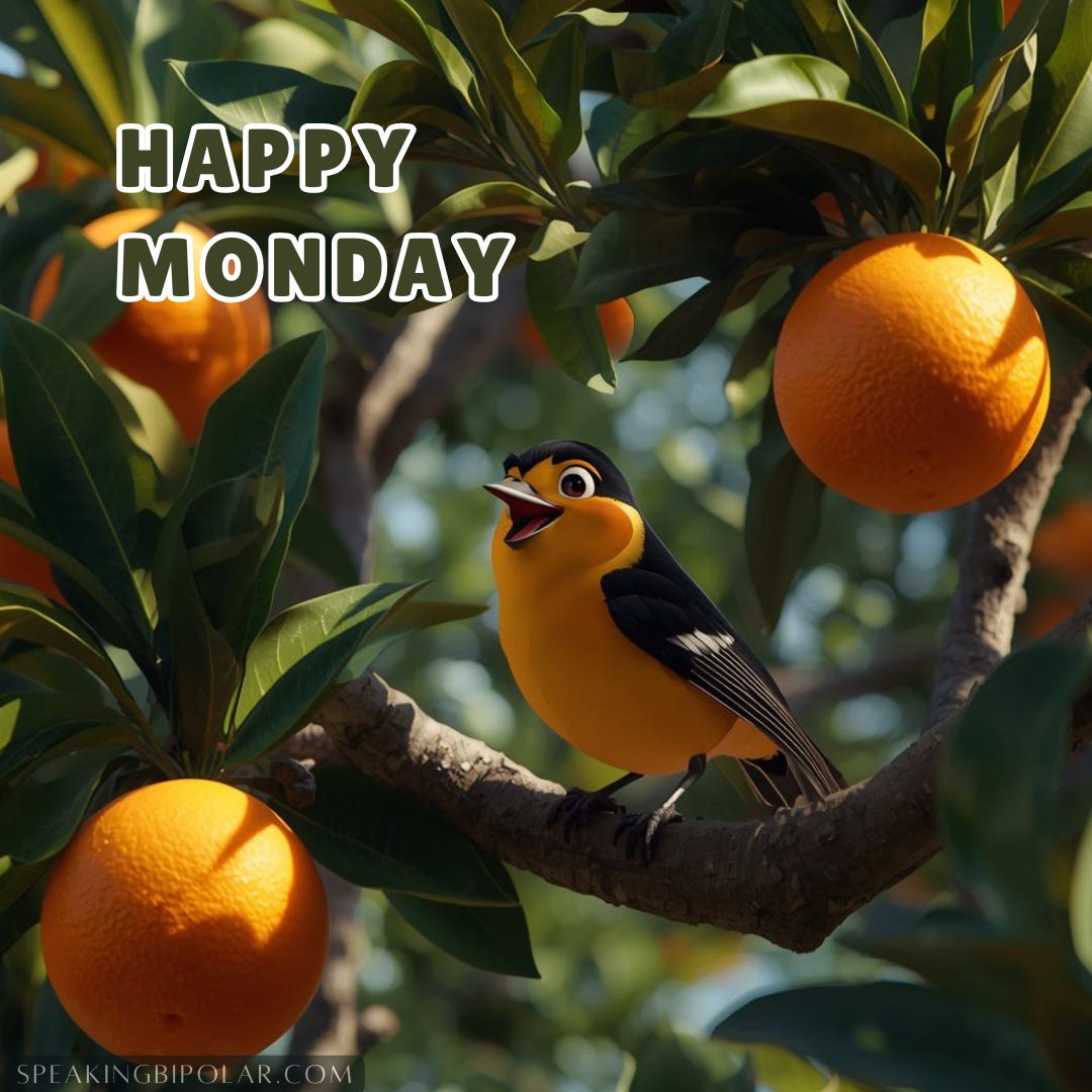 a smiling cartoon Oriole bird in an orange tree with ripe oranges nearby