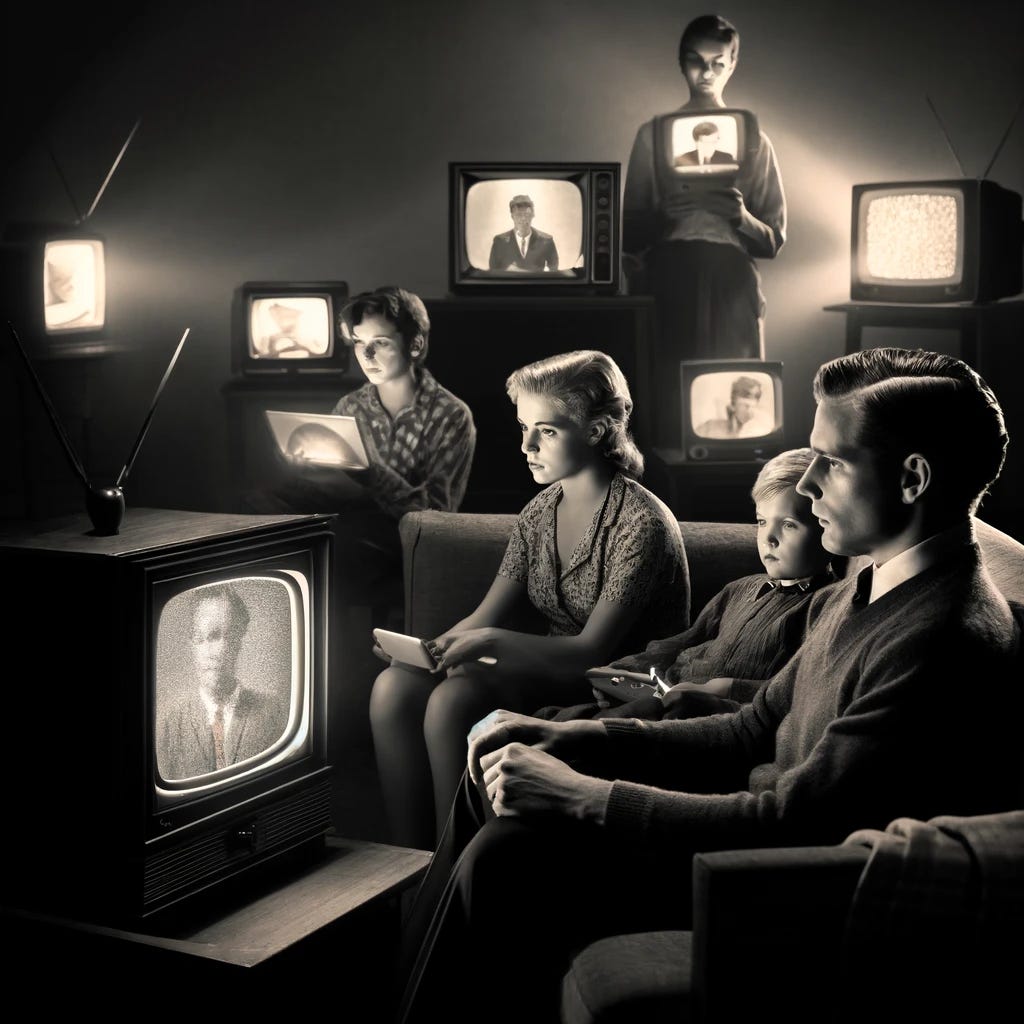A family sitting in a living room in the 1960s, all focused on a black-and-white television, showing grainy footage. The family members are silent, their faces illuminated by the TV screen, with expressions of passive absorption. In the background, a modern-day scene where a person is alone, surrounded by various digital devices (laptop, smartphone, tablet), each with screens emitting a bright glow, capturing their attention. The person looks isolated and detached, emphasizing the theme of disconnection from each other and oneself due to technology.
