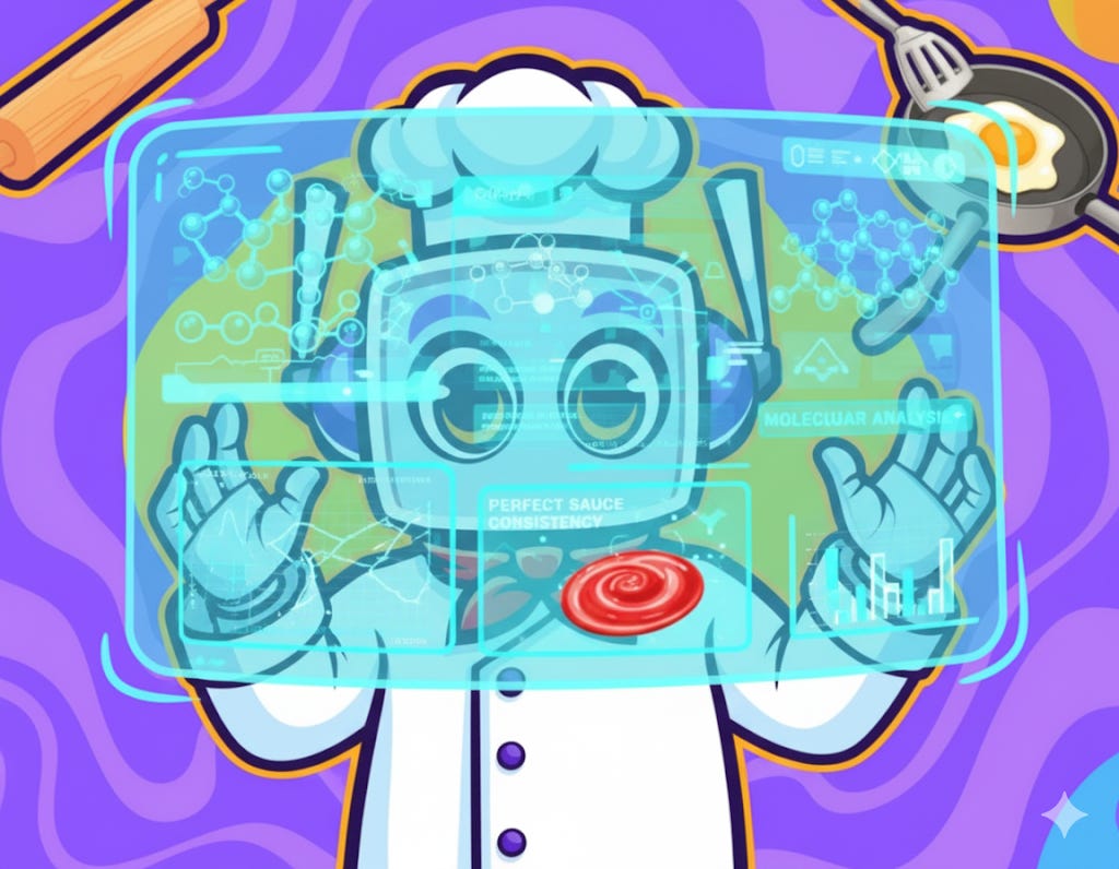 Neuralbuddy character, a blue robot chef, pulling up a holographic screen displaying molecular analysis for perfect sauce consistency.