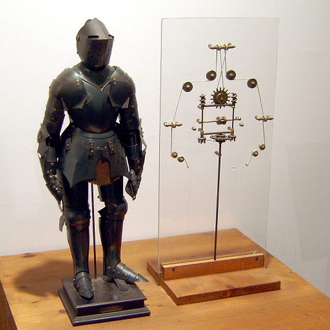 Egyptian water clock, da Vinci's robot knight, robodog with machine gun