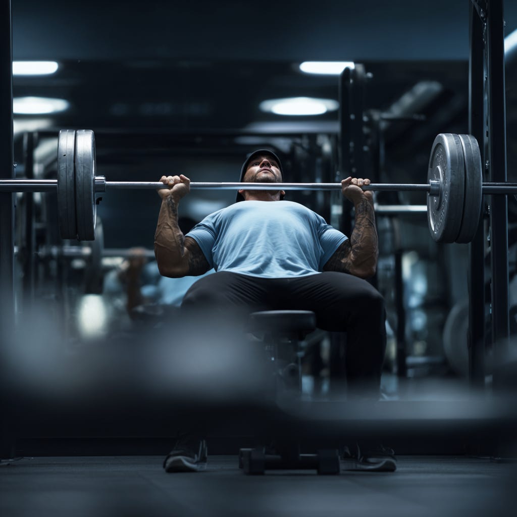 Fit, strong, muscular young man perfoming a full range of motion incline barbell bench press wearing a light blue t-shirt, black pants and a cap in a dark gym with some light blue fluorescent lighting. 