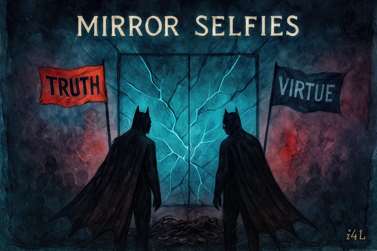 Alt text: Two Batman-like figures, one holding a red flag labeled “Truth,” the other a blue flag labeled “Virtue,” stand before a fractured mirror. Their reflections reveal only themselves.