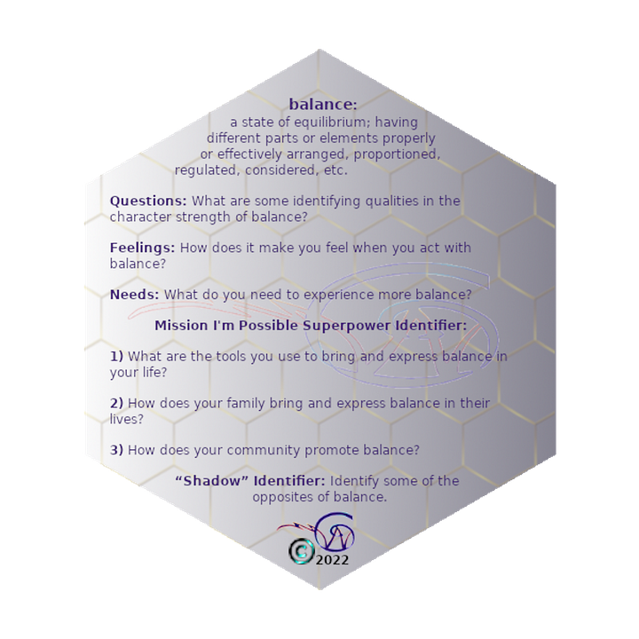 game card, VIA Character Strengths and Virtues, Balance, definition and missions for the game SparkITude.