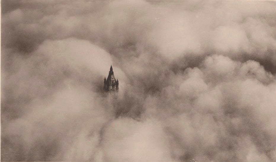Photograph of Woolworth Building Tower above clouds, 792 feet high, Library of Congress, for the Poetry in America Substack Along These Lines