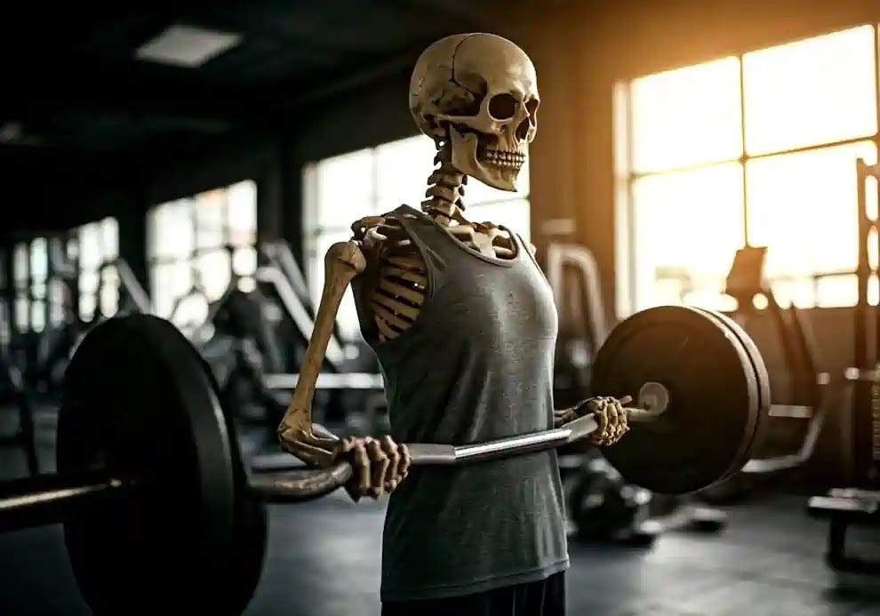 A weightlifting skeleton emphasizes the importance of strong bones and bone density.