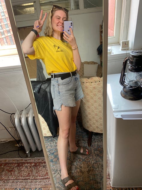 three mirror selfies: one with a peace sign and leg popped out, one peace sign, one holding various takeout containers stacked and secured beneath girl's chin