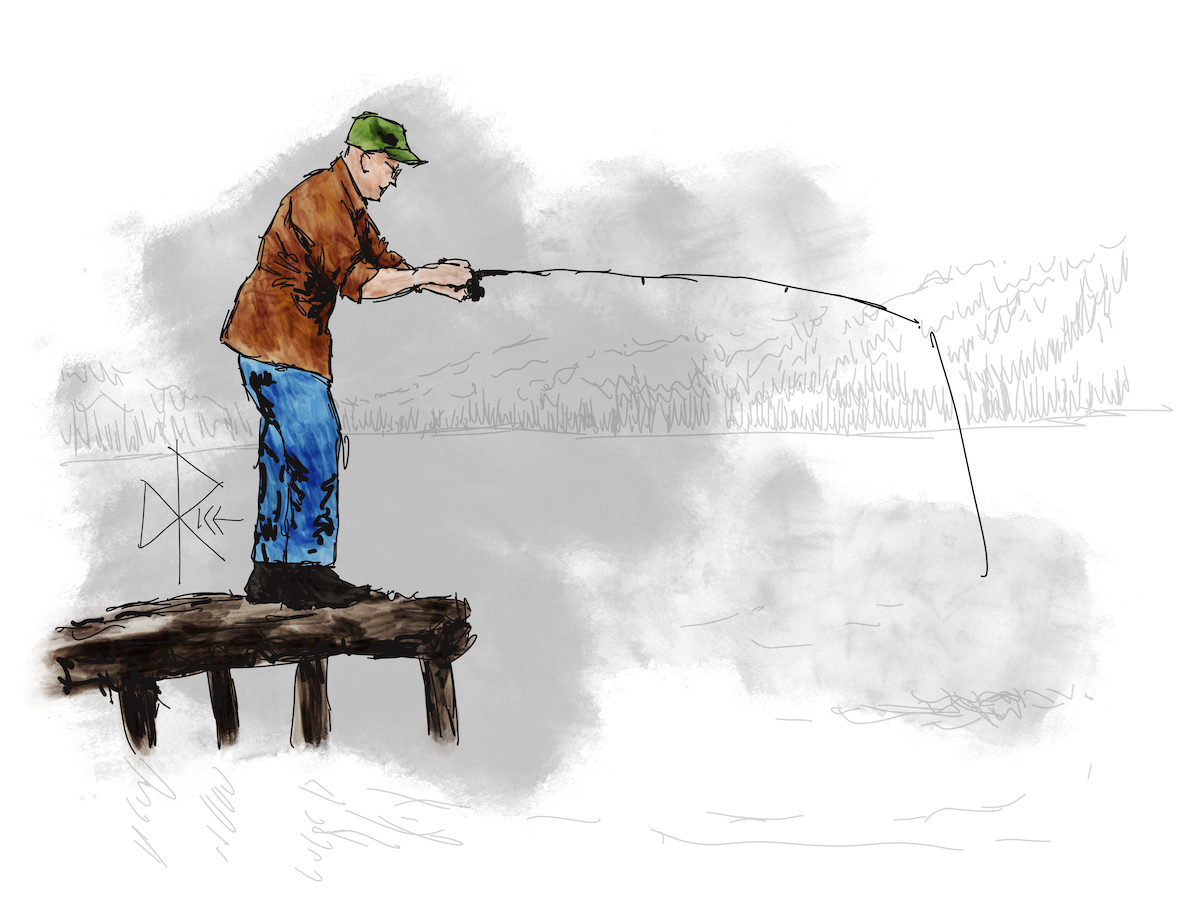 Hoping to catch some fish (or not), an older man in casual gear stands on a dock while cranking the reel on his fishing pole. Sketch art by Don Rice. Hoping to catch some fish (or not), an older man in casual gear stands on a dock while cranking the reel on his fishing pole. Sketch art by Don Rice.