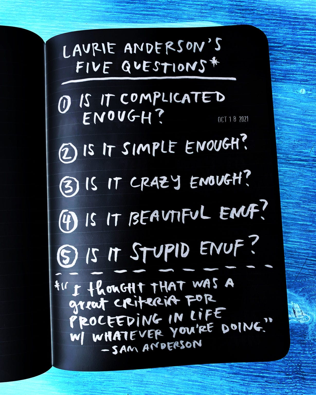 a list of Laurie Anderson’s five questions