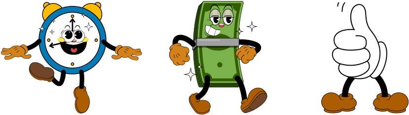 A cheerful clock, a satisfied bundle of dollar bills, and a thumbs-up icon symbolize the time, efficiency, cost-effectiveness, and overall positive result impact of implementing pure reviews.