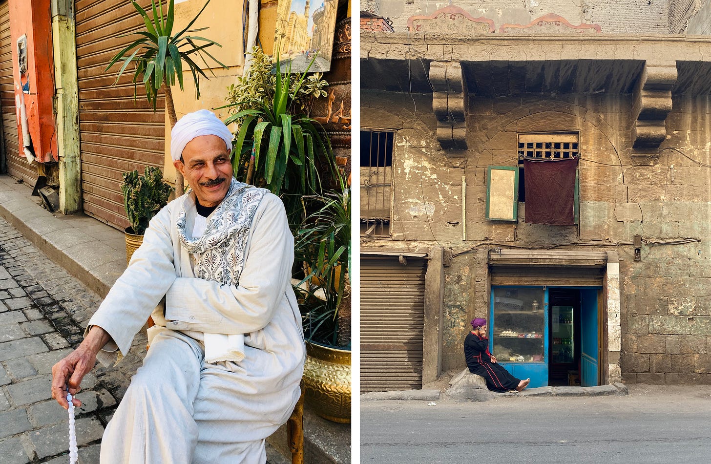 Left, a smiling man in a white turban and galabeya sits on a cobbled street in Islamic Cairo, holding prayer beads. Right, a woman in a purple headscarf sits barefoot on a step, talking on the phone outside a small blue-doored shop in a weathered stone building.