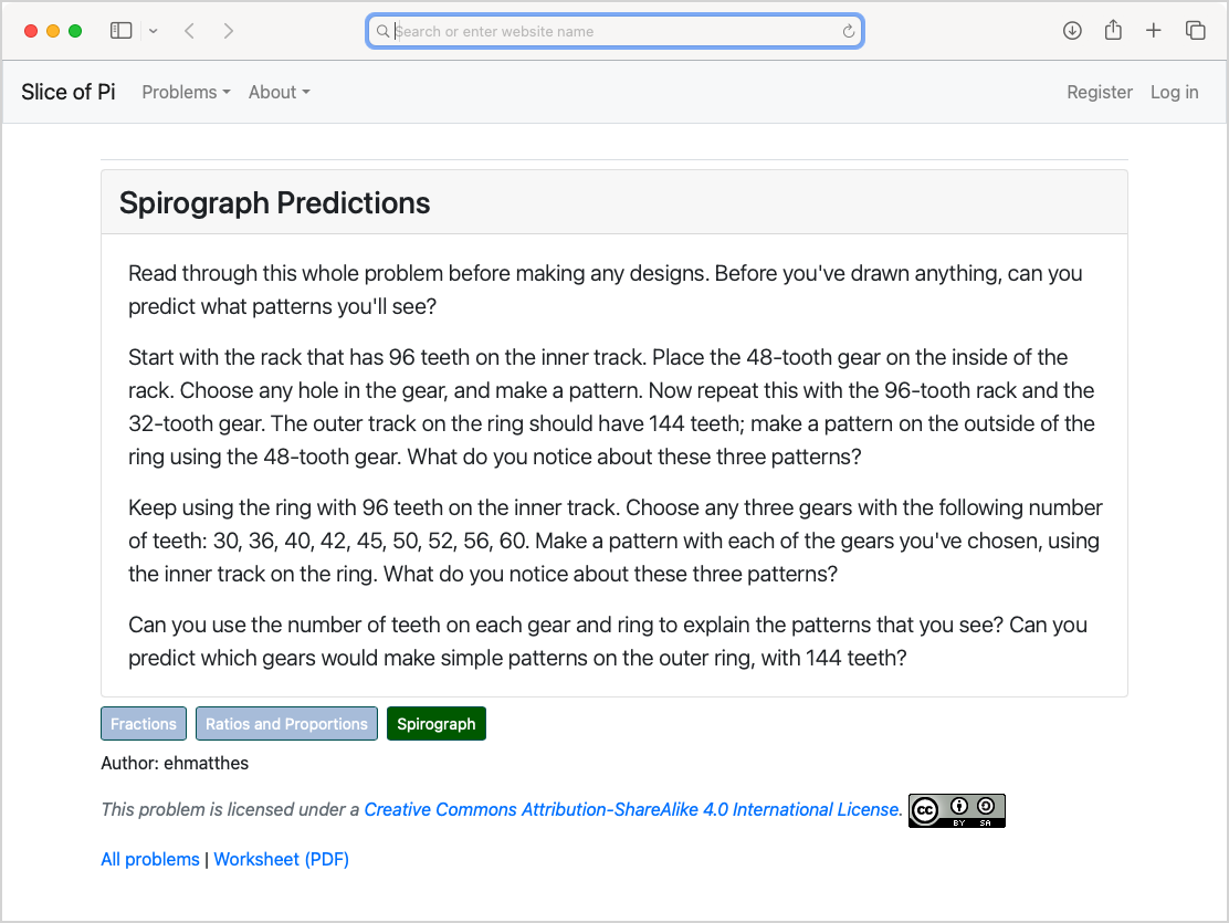 Website called Slice of Pi, showing a problem titled "Spirograph Predictions". The problem has tags "fractions" and "spirograph". Website called Slice of Pi, showing a problem titled "Spirograph Predictions". The problem has tags "fractions" and "spirograph".