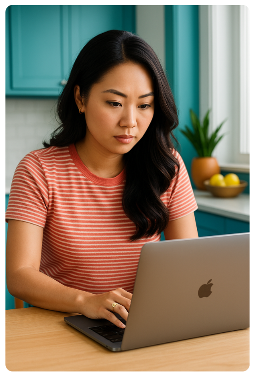 A woman in a coral striped shirt sits at a kitchen table, concentrating on her laptop, with turquoise cabinets and a bowl of lemons in the background.