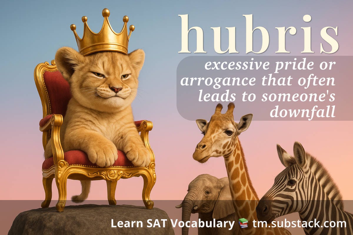 Illustration of a lion cub wearing a crown in a throne perched on a rock with a smug look in its face with three animals below; used to illustrate the SAT word 'hubris'.
