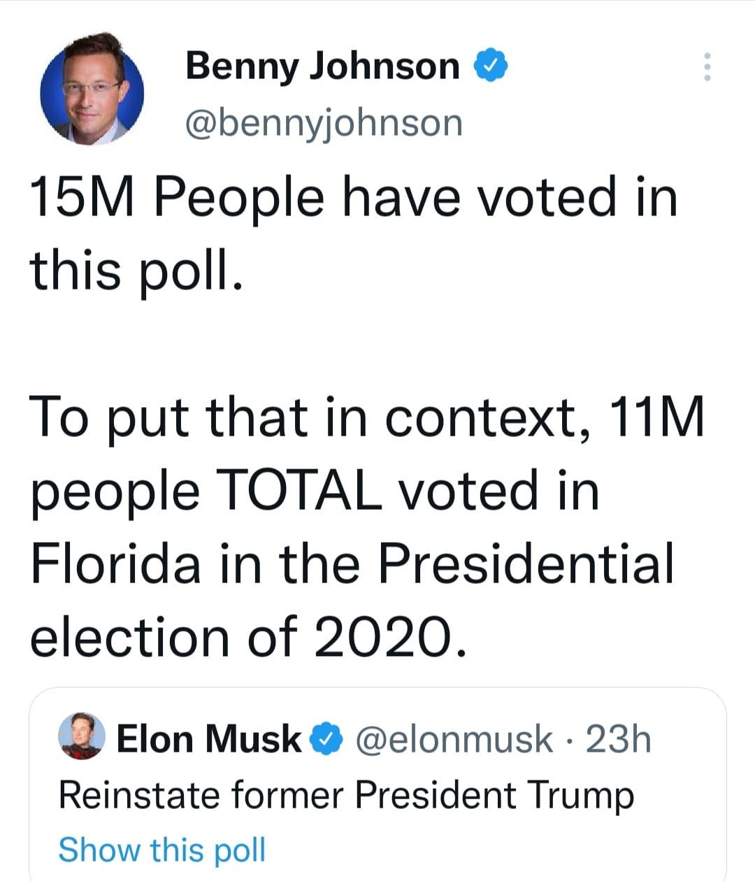 May be a Twitter screenshot of 2 people and text that says 'Benny Johnson @bennyjohnson 15M People have voted in this poll. To put that in context, 11M people TOTAL voted in Florida in the Presidential election of 2020. Elon Musk @elonmusk 23h Reinstate former President Trump Show this poll'