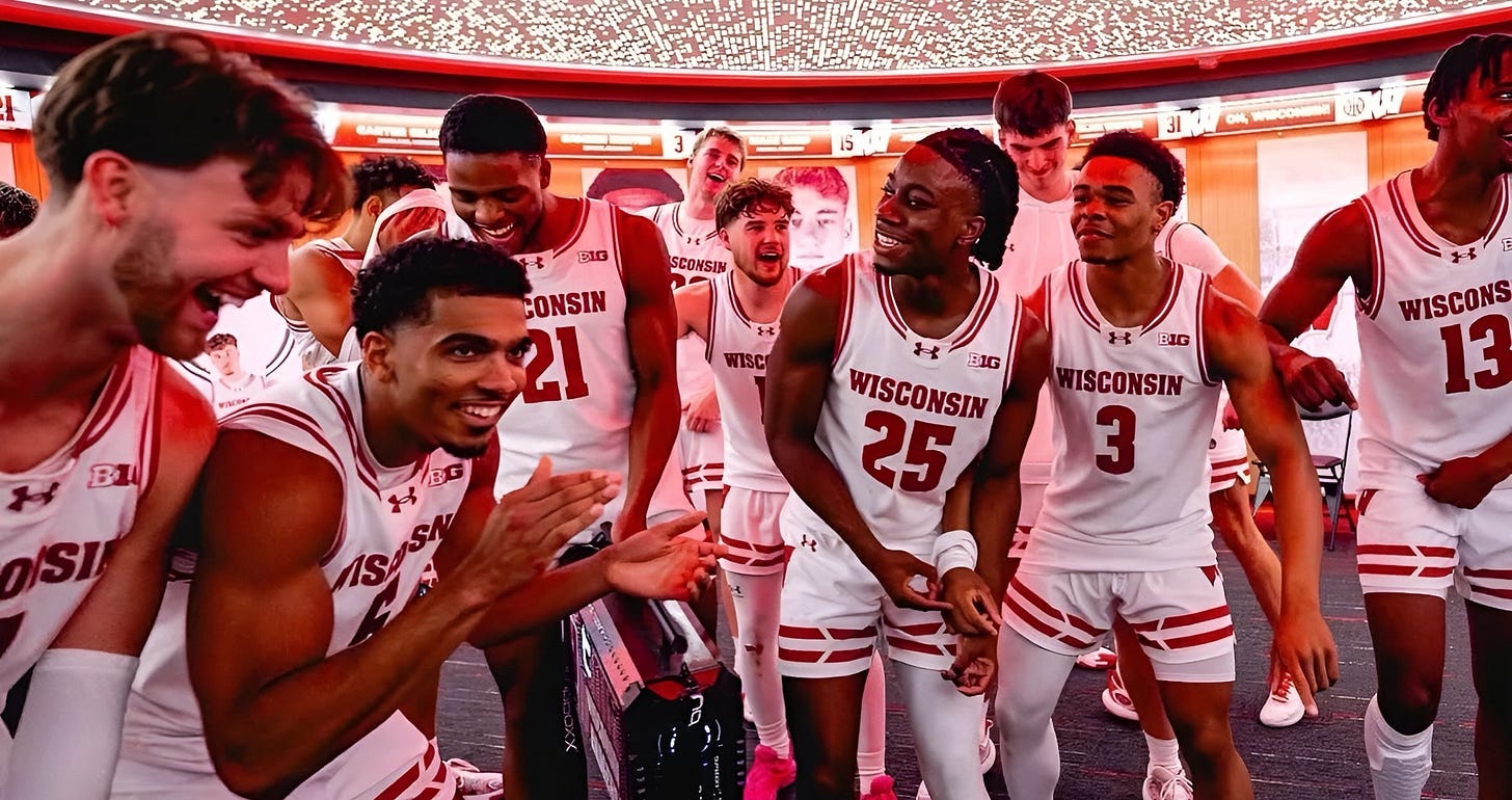 Wisconsin Badgers basketball players celebrate in the locker room