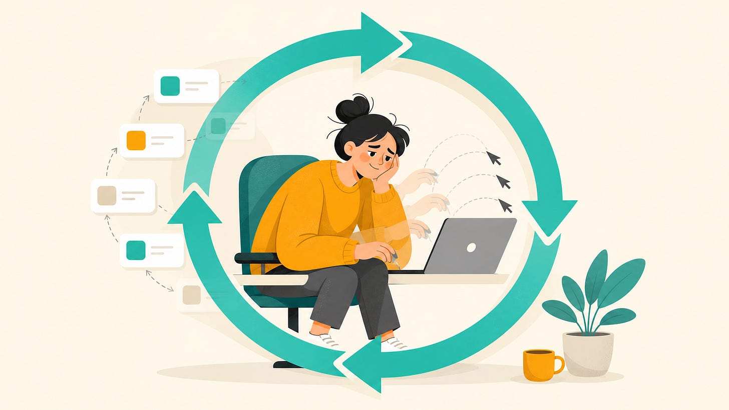 A tired person at a laptop, stuck inside a repeating loop