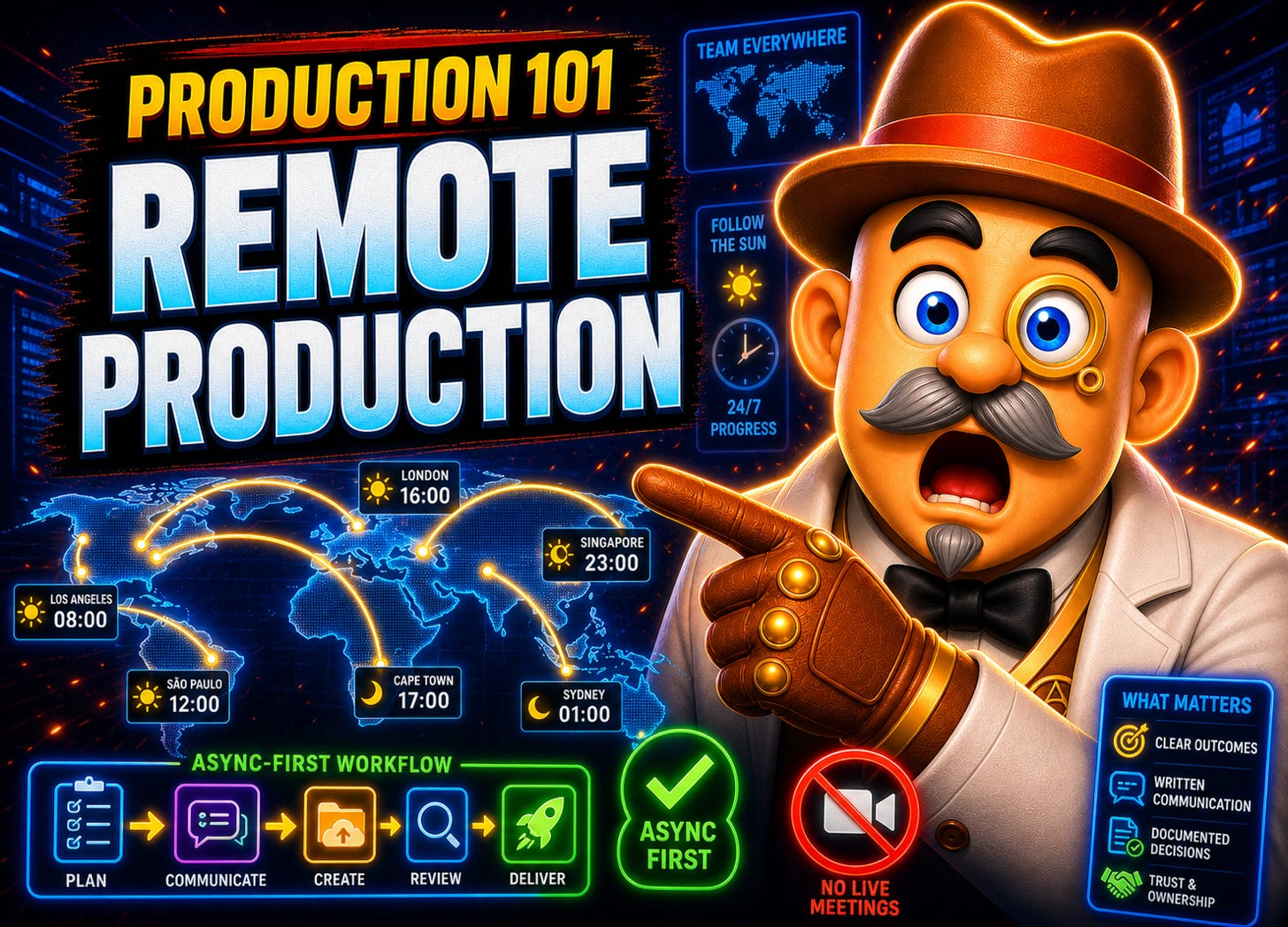 Remote production thumbnail with surprised alchemist, world map, timezone arcs, async icon, and crossed-out video call.