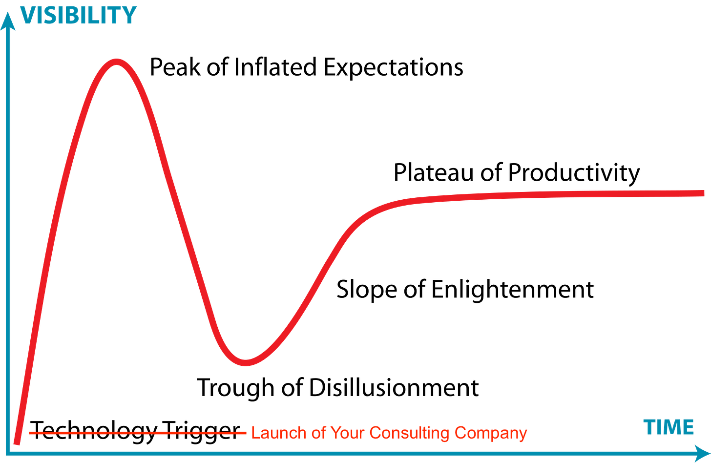 Gartner hype cycle graph with the originating event being "launch of your consulting company", leading to peak of inflated expectations, trough of disillusionment, ending with a plateau of productivity.