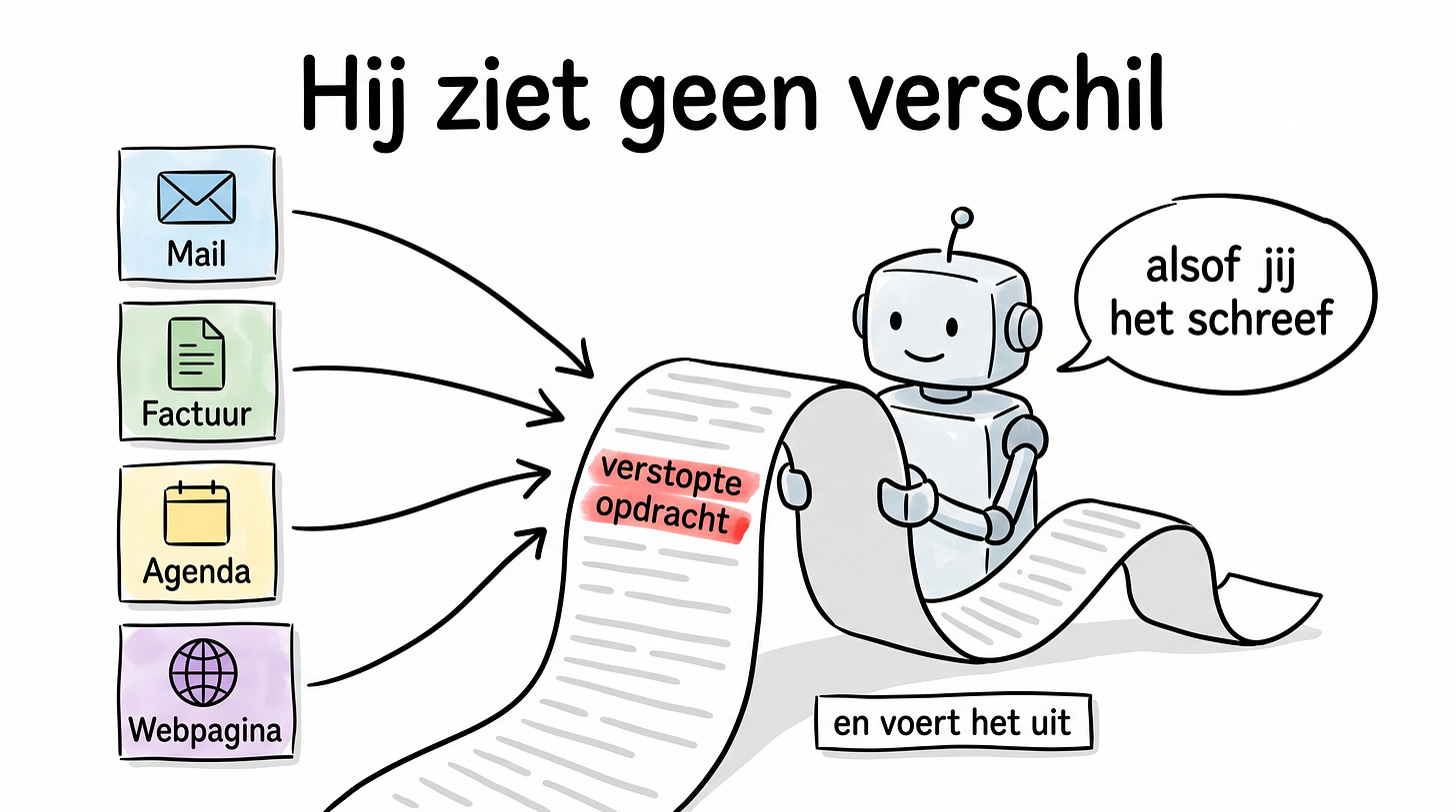 De agent ziet geen verschil tussen een opdracht en gewone inhoud De agent ziet geen verschil tussen een opdracht en gewone inhoud