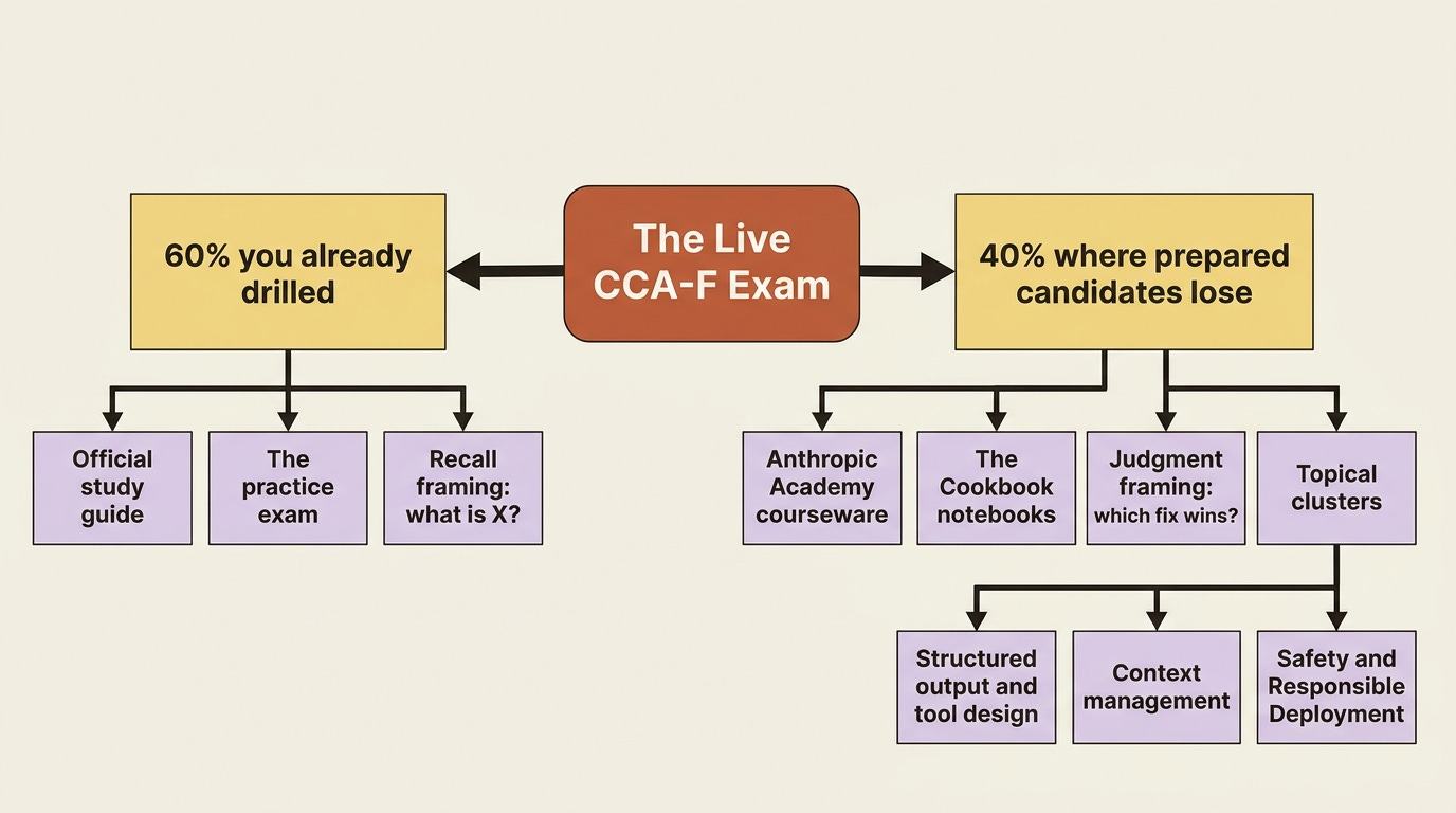 The live exam splits into a 60 percent slice covered by the study guide and practice exam, and a 40 percent slice from the Academy courseware and Cookbook, which clusters into structured output, context management, and safety.