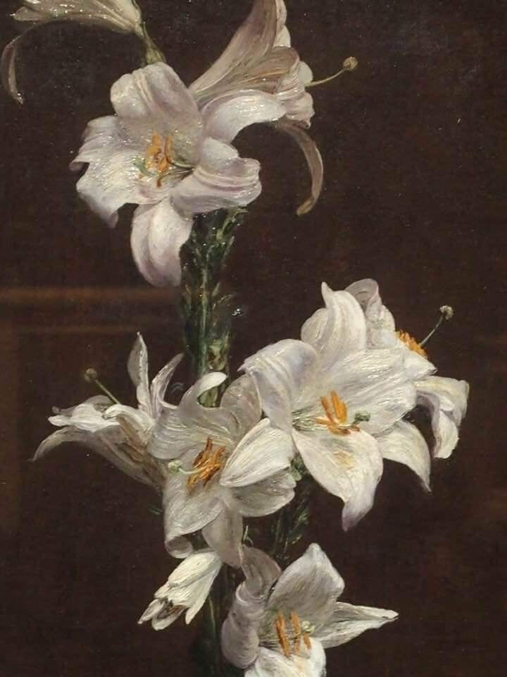 This may contain: a painting of white flowers in a vase