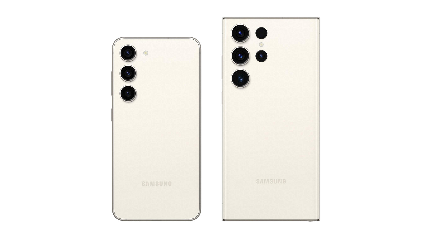 Galaxy S23 and S23 Ultra in cream color side-by-side Galaxy S23 and S23 Ultra in cream color side-by-side