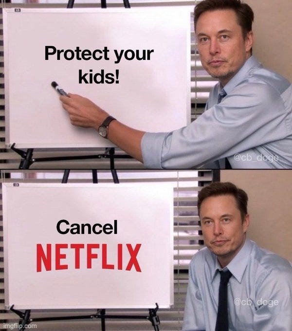 Elon Musk standing next to a whiteboard with the text "Protect your kids!" written in black. Elon Musk standing next to a whiteboard with the text "Cancel NETFLIX" written in red. A watermark "@cb_doge" is visible in the bottom right corner of both images.