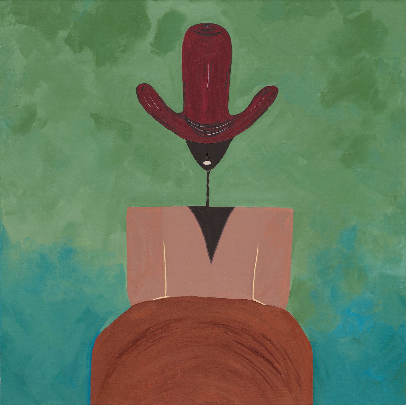 Painting of a simplified figure in a red hat against a green background, framed and photographed in an interior setting. Painting of a simplified figure in a red hat against a green background, framed and photographed in an interior setting.