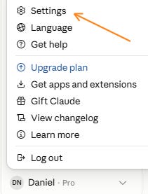 Claude Desktop profile dropdown menu with Settings highlighted above Language, Get help, Upgrade plan, and other options. Claude Desktop profile dropdown menu with Settings highlighted above Language, Get help, Upgrade plan, and other options.