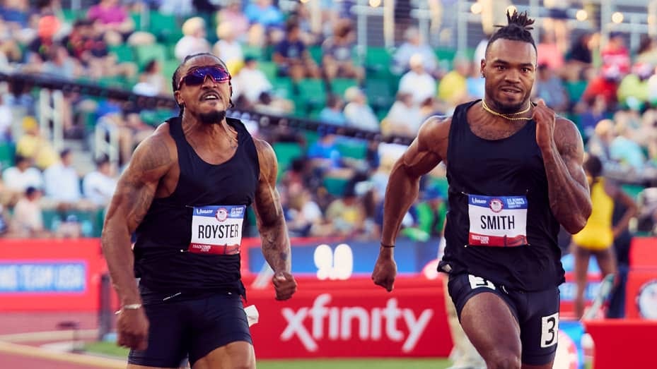 Christopher Royster, left, and JT Smith, athletes who participate in Bandit Running's Unsponsored Project, at the 2024 Olympic trials in Eugene, Oregon.