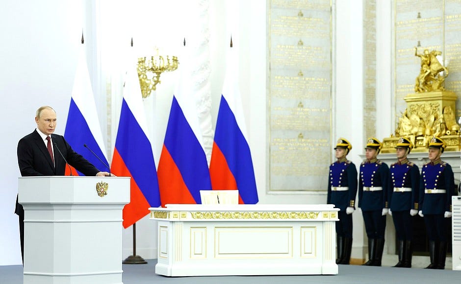 President of Russia | Signing of treaties on accession of Donetsk and Lugansk people's republics and Zaporozhye and Kherson regions to Russia | Photo: Dmitry Astakhov, TASS President of Russia | Signing of treaties on accession of Donetsk and Lugansk people's republics and Zaporozhye and Kherson regions to Russia | Photo: Dmitry Astakhov, TASS
