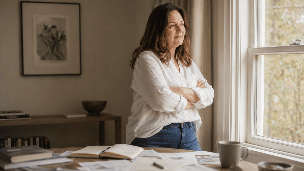 A woman stands at a window in a calm, light-filled room, surrounded by books and open notebooks, looking outward with quiet conviction, representing the moment a consultant stops following someone else's plan and starts trusting her own thinking. A woman stands at a window in a calm, light-filled room, surrounded by books and open notebooks, looking outward with quiet conviction, representing the moment a consultant stops following someone else's plan and starts trusting her own thinking.