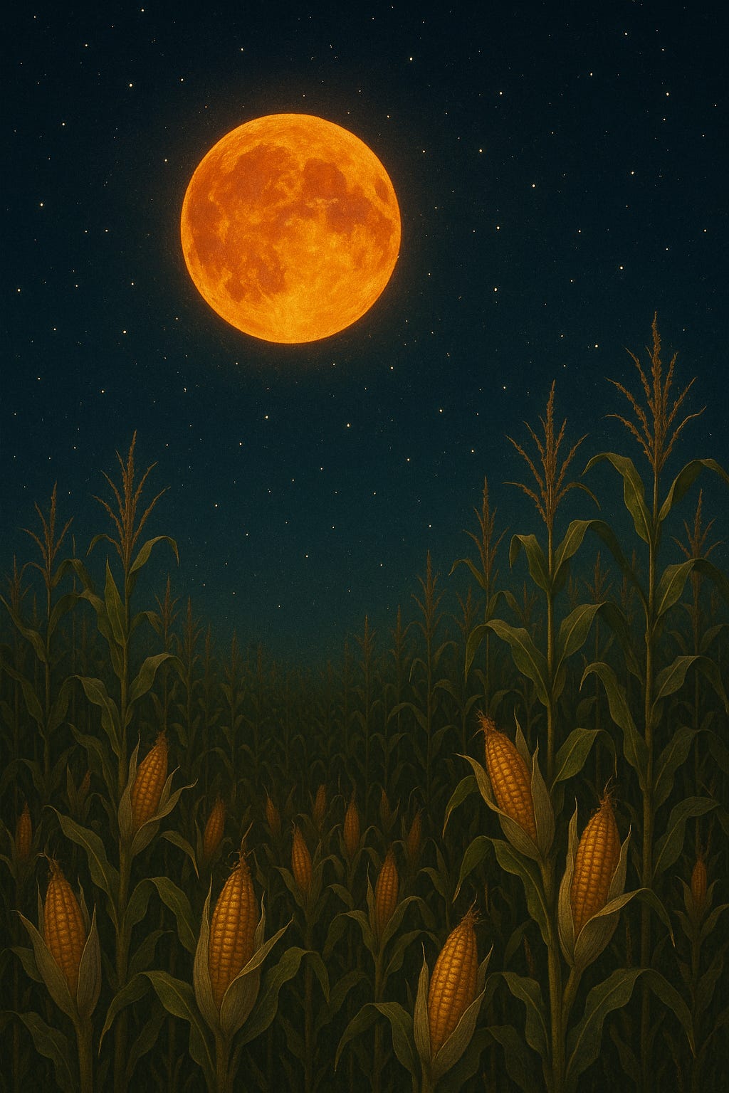 AI-generated image of a Corn full moon in a night sky with stars, a red-gold glow of full moon over a field of corn waiting to be harvested - CreaTEAvity Studio